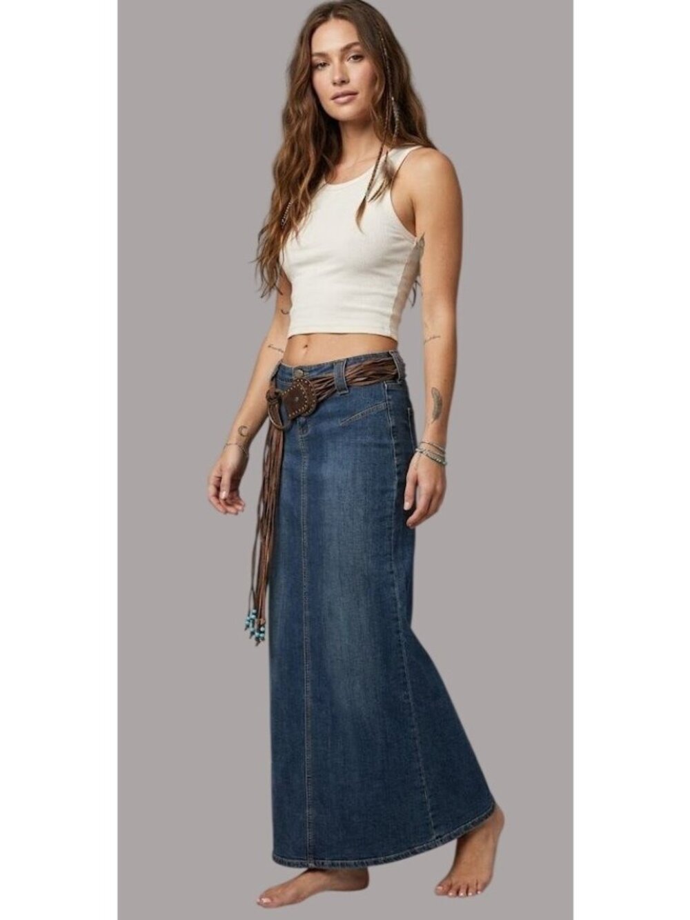 ABS Denim Maxi Skirt With Leather Fringe Belt Boho Size 26 USA